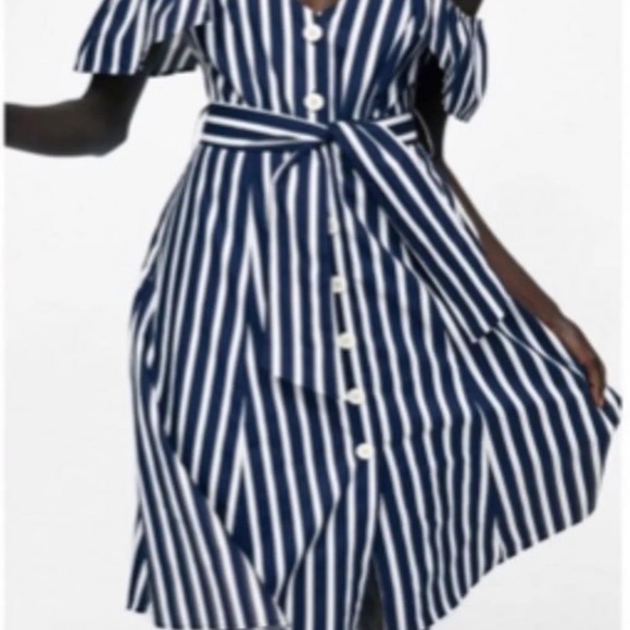 Zara Stripe MIDI Dress BLUE WHITE - Picture 5 of 5